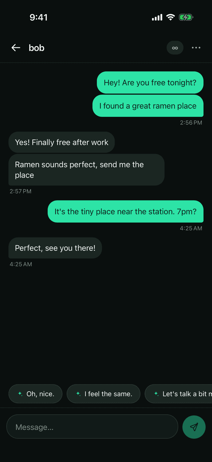 A FadeTalk chat with grouped bubbles, a live countdown, and AI reply drafts