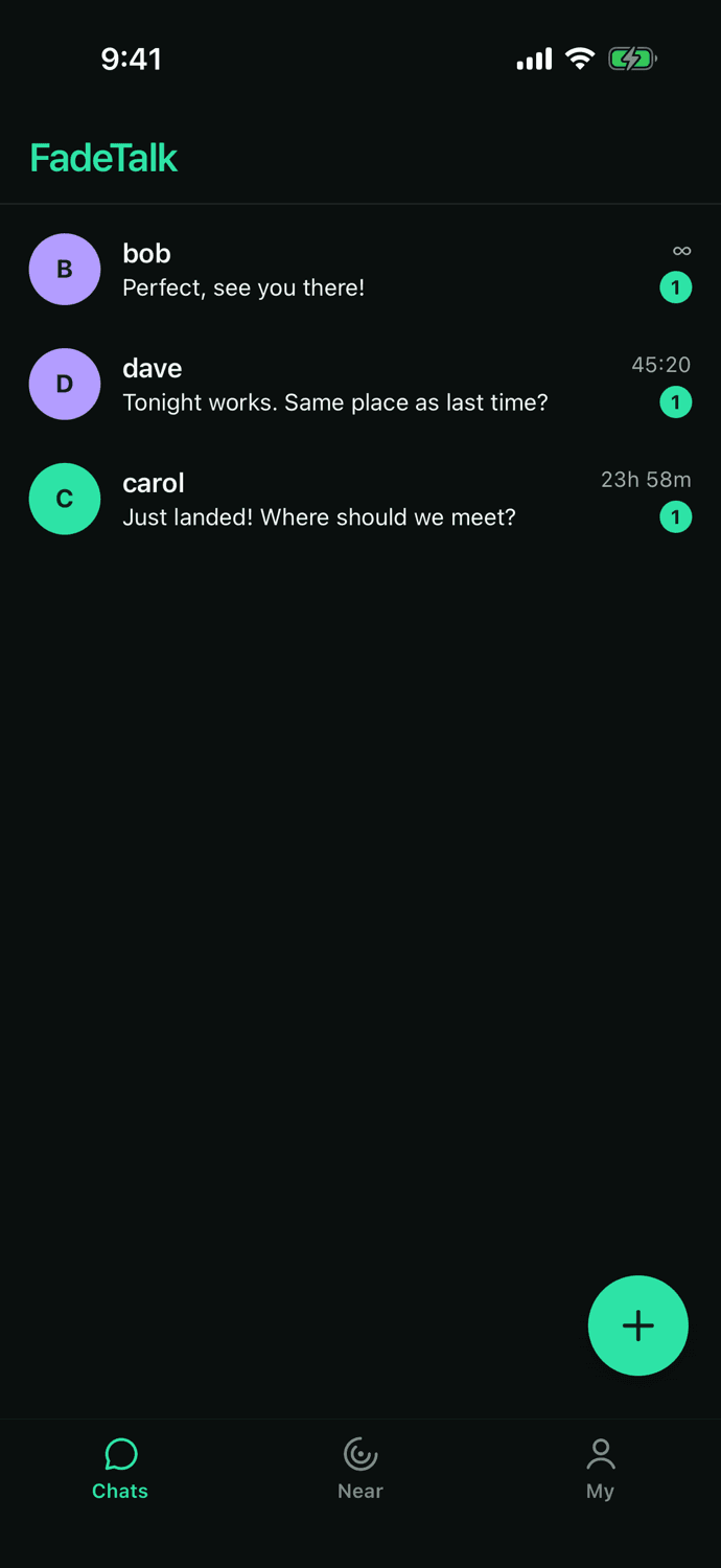 The FadeTalk chat list with per-room countdowns