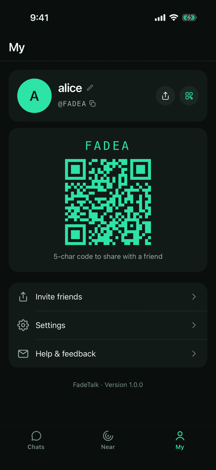 A FadeTalk profile showing only a nickname, an ID code, and a QR invite