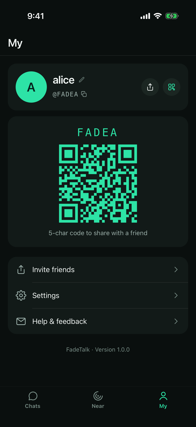A FadeTalk profile showing only a nickname, a 5-character code, and a QR invite